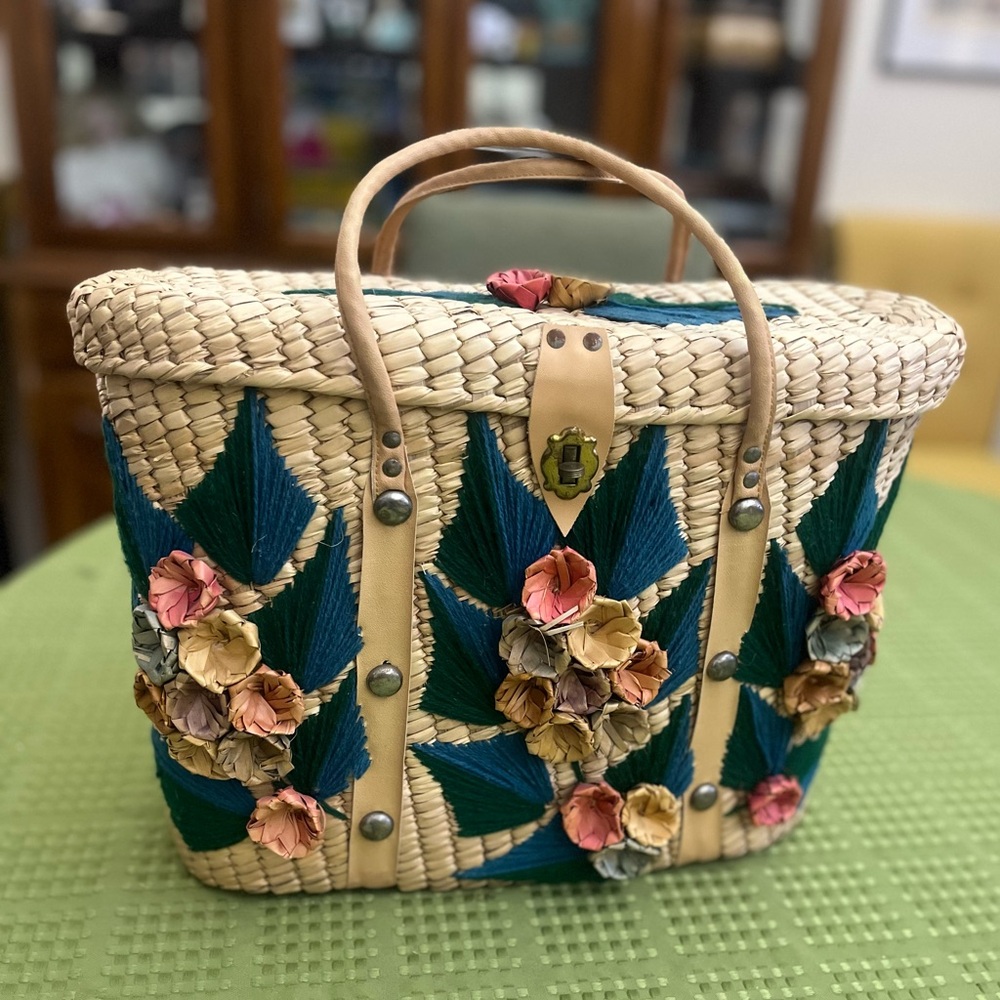 vintage Large Woven Straw Basket with Floral Design and Handles
